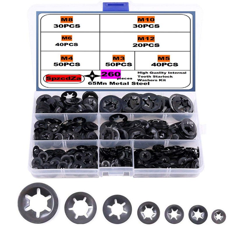SpzcdZa 260pcs 7 Size Internal Tooth Starlock Washers Locking Washer Assortment Kit, Push On Speed Clips Fasteners Assortment Kit,Quick Speed Locking Washers,Black Oxide Finish65Mn Black Oxide Finish - Image 1